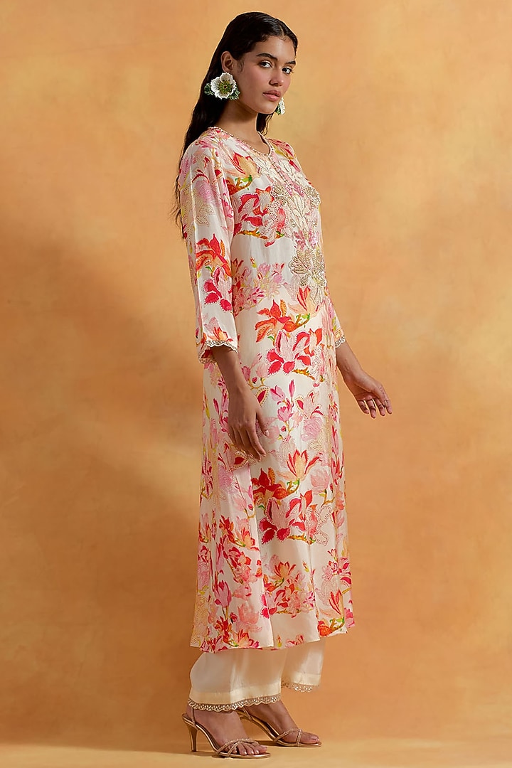 Ecru Viscose Silk Printed & Embroidered Kurta Set by One not two at Pernia's Pop Up Shop