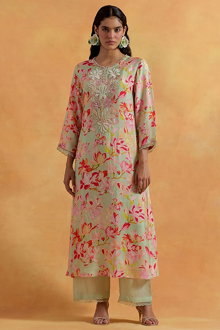 Mist Green Viscose Silk Printed & Embroidered Kurta Set by One not two at Pernia's Pop Up Shop