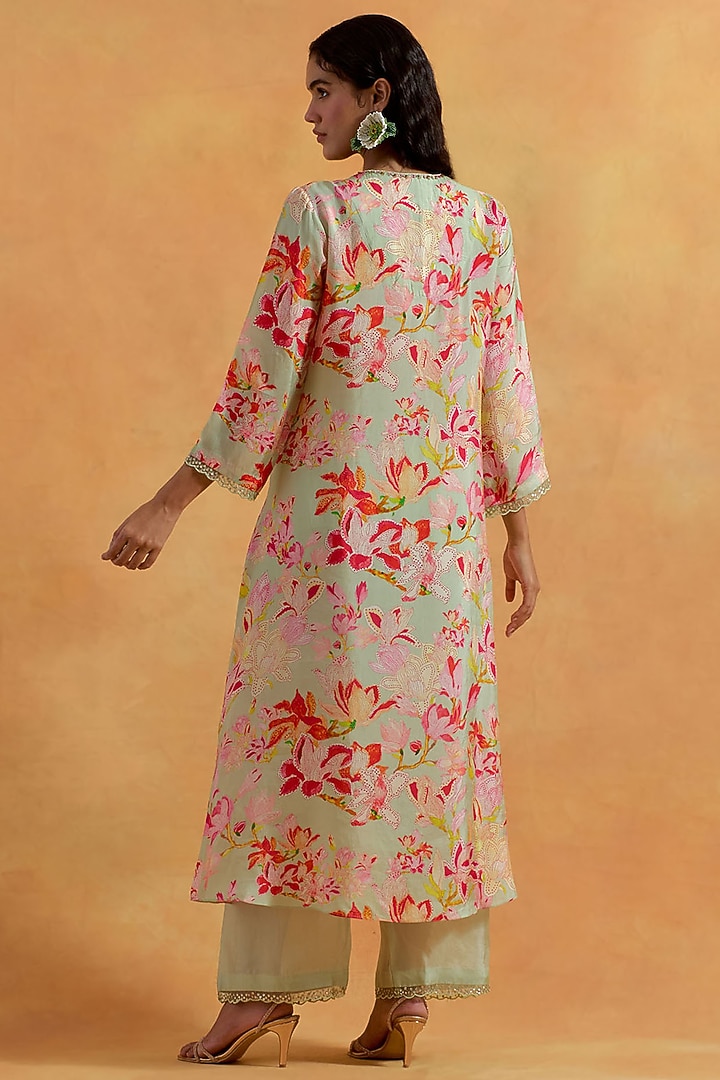 Mist Green Viscose Silk Printed & Embroidered Kurta Set by One not two at Pernia's Pop Up Shop