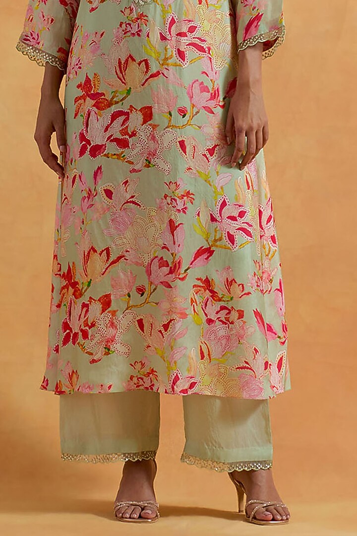 Mist Green Viscose Silk Printed & Embroidered Kurta Set by One not two at Pernia's Pop Up Shop