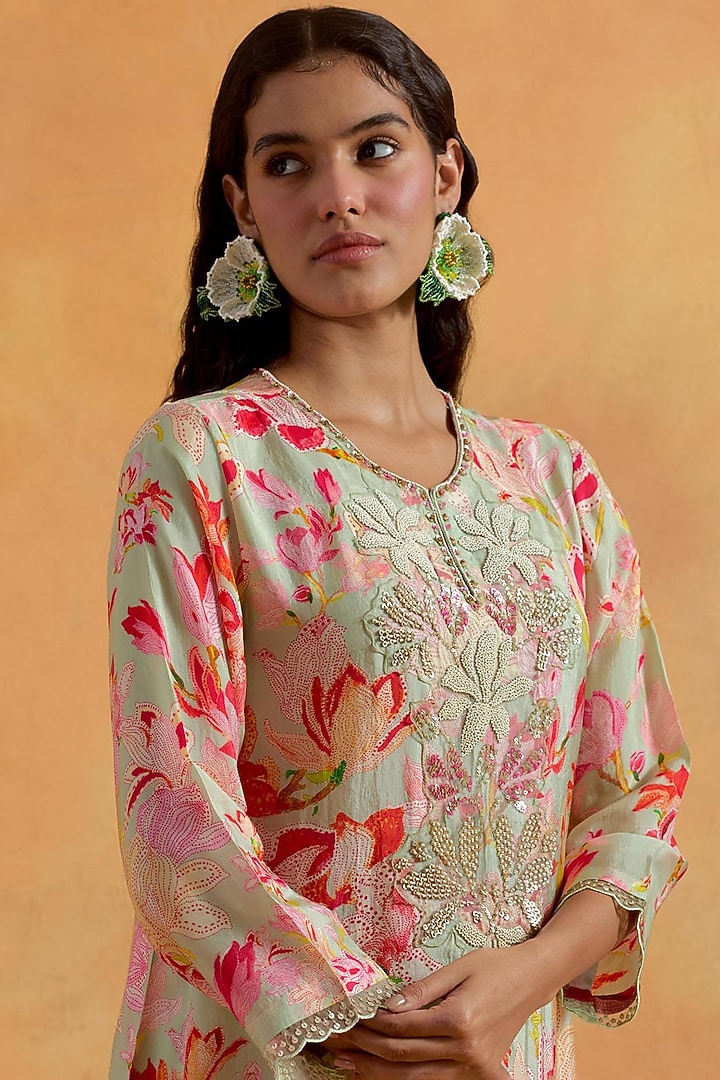 Mist Green Viscose Silk Printed & Embroidered Kurta Set by One not two at Pernia's Pop Up Shop