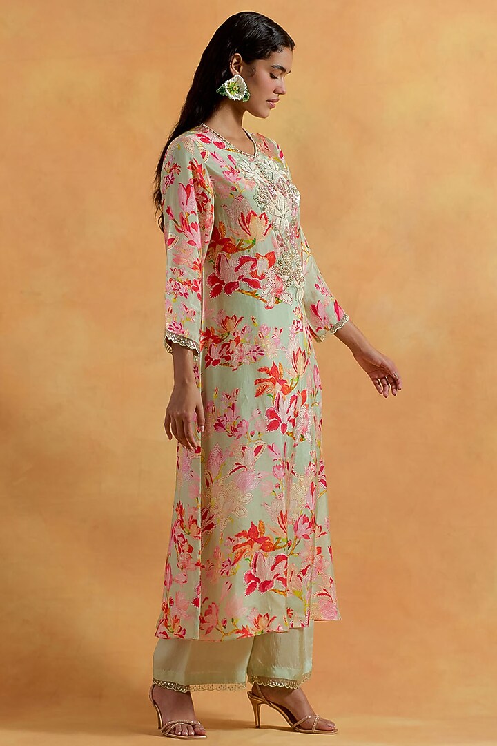 Mist Green Viscose Silk Printed & Embroidered Kurta Set by One not two at Pernia's Pop Up Shop