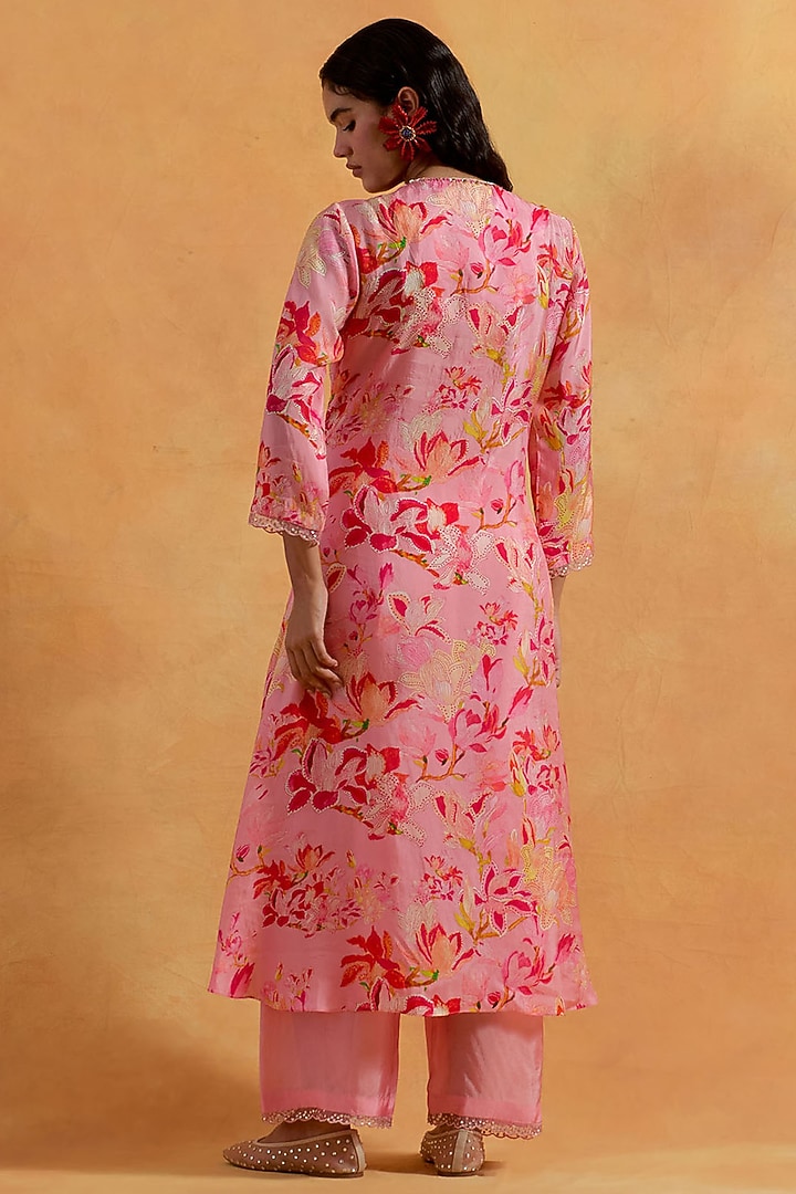 Peach Viscose Silk Printed & Embroidered Kurta Set by One not two at Pernia's Pop Up Shop