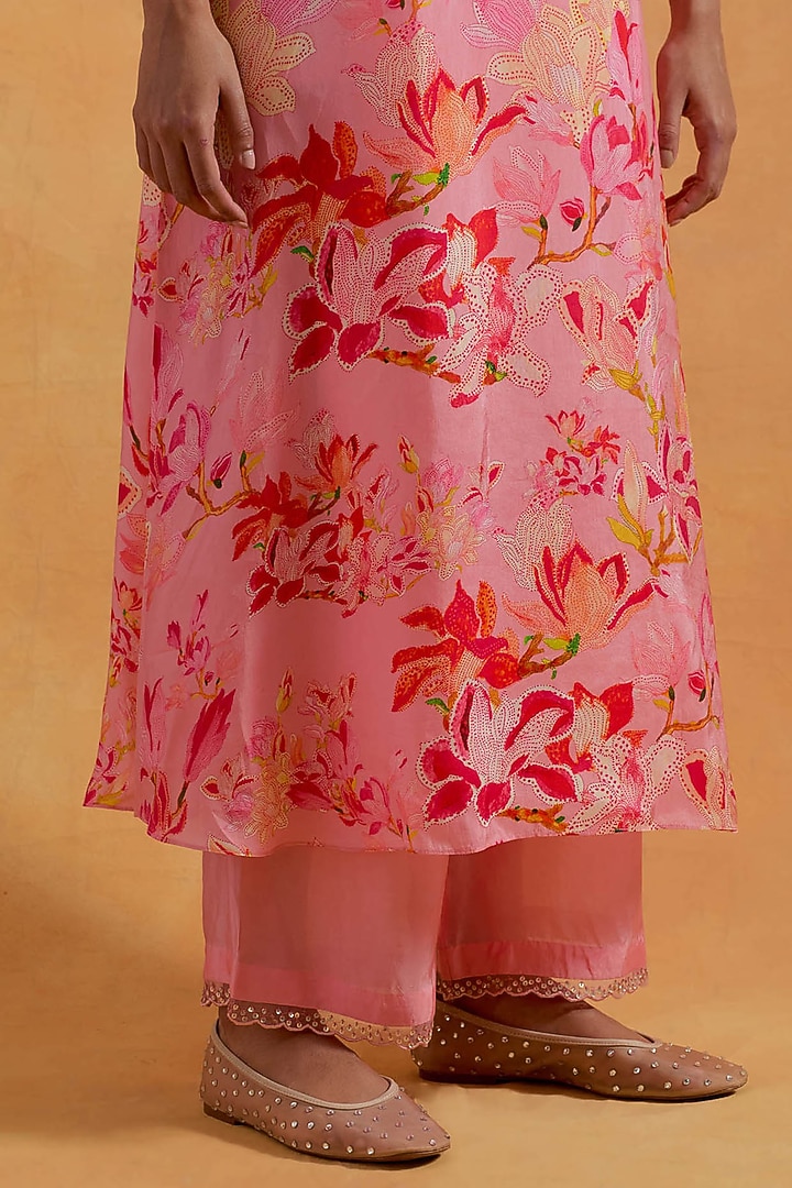 Peach Viscose Silk Printed & Embroidered Kurta Set by One not two at Pernia's Pop Up Shop