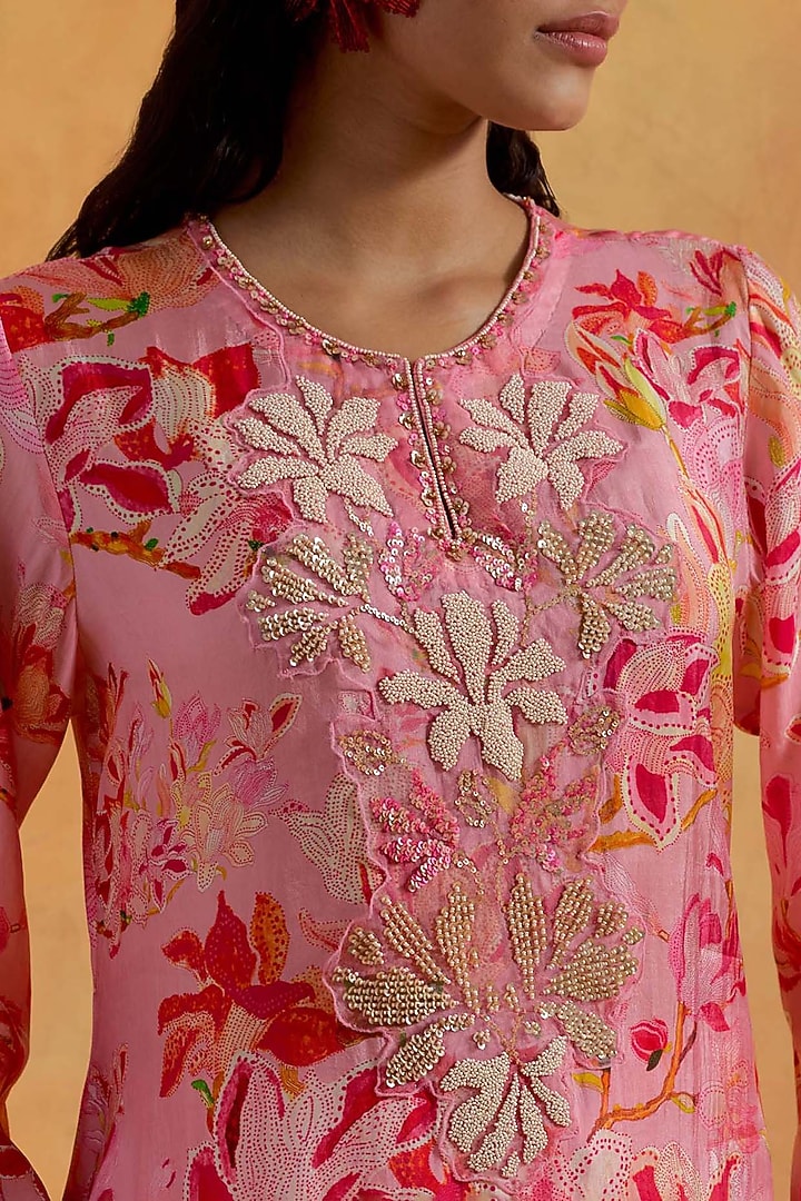 Peach Viscose Silk Printed & Embroidered Kurta Set by One not two at Pernia's Pop Up Shop