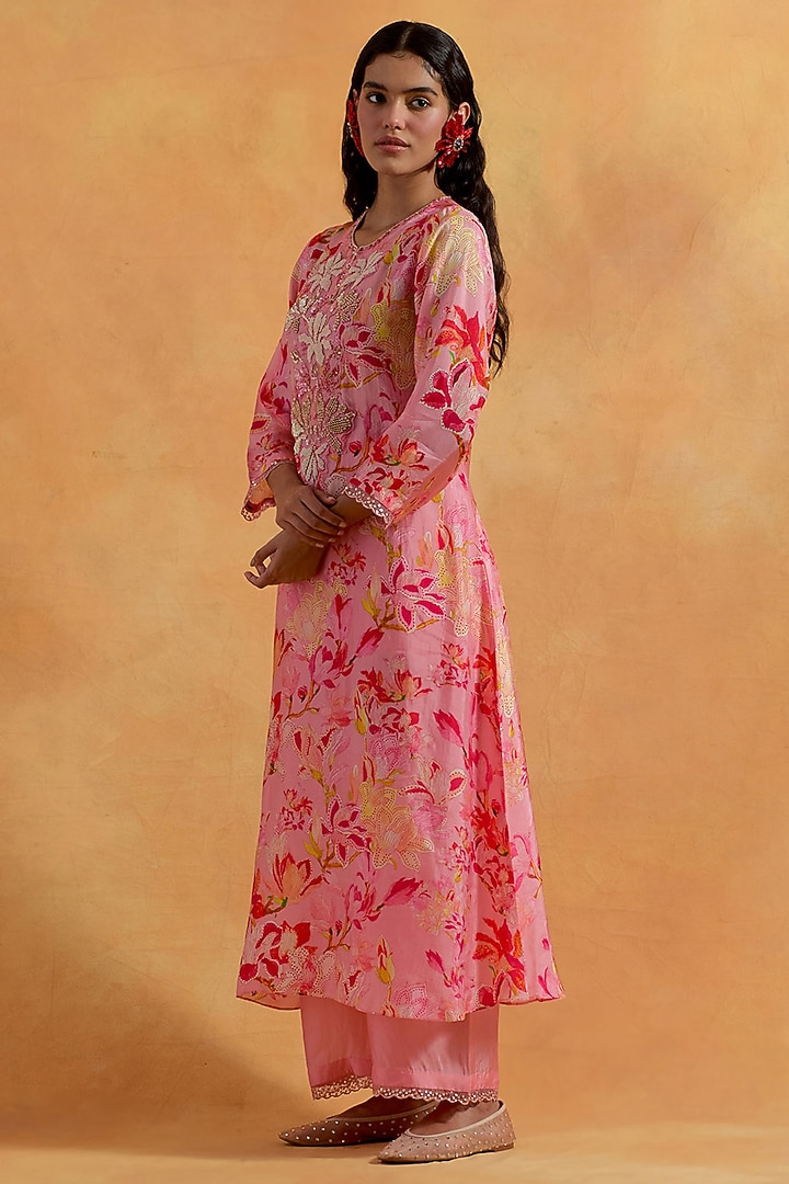 Peach Viscose Silk Printed & Embroidered Kurta Set by One not two at Pernia's Pop Up Shop