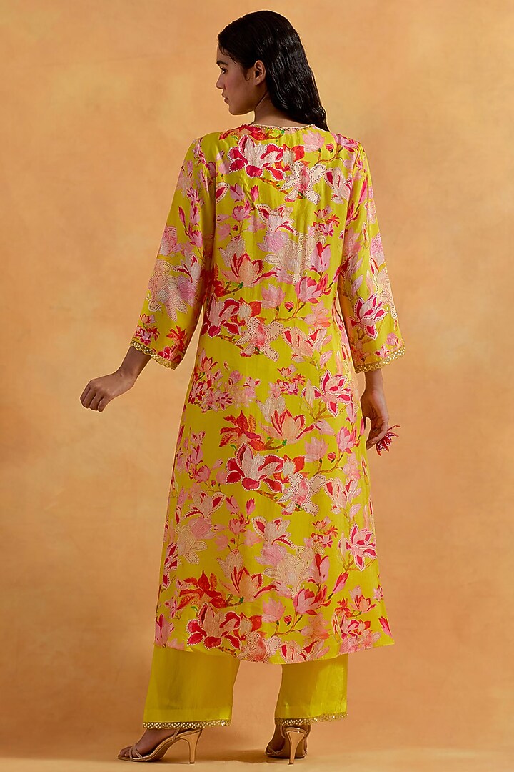 Mango Yellow Viscose Silk Printed & Embroidered Kurta Set by One not two at Pernia's Pop Up Shop