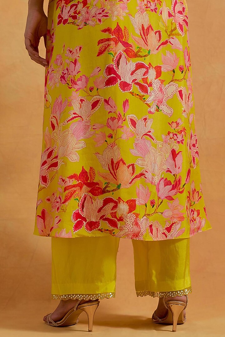 Mango Yellow Viscose Silk Printed & Embroidered Kurta Set by One not two at Pernia's Pop Up Shop