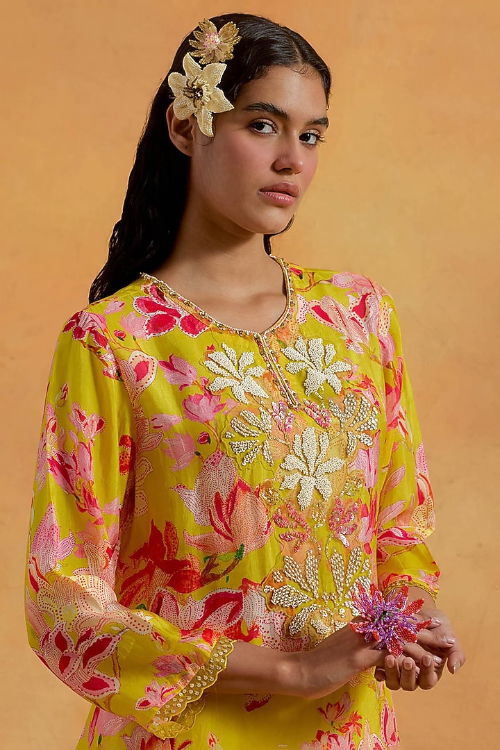 Mango Yellow Viscose Silk Printed & Embroidered Kurta Set by One not two at Pernia's Pop Up Shop