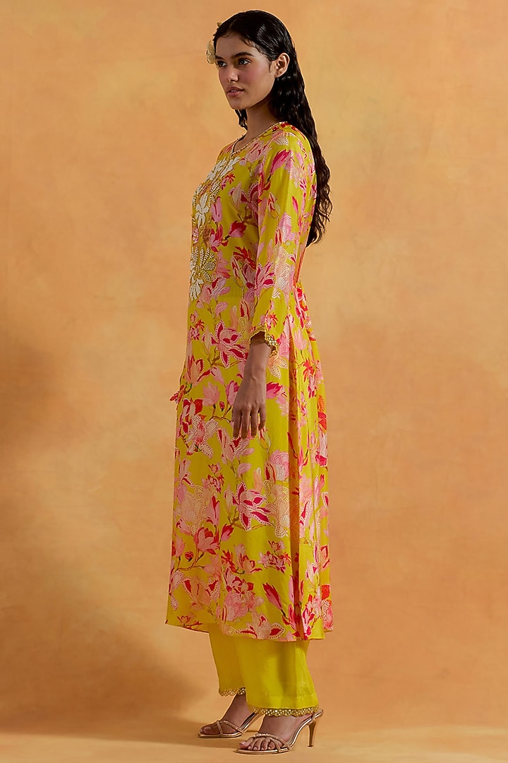 Mango Yellow Viscose Silk Printed & Embroidered Kurta Set by One not two at Pernia's Pop Up Shop