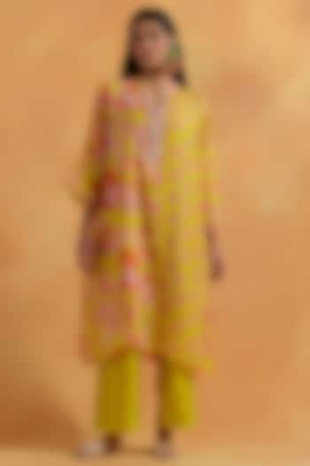 Mango Yellow Crushed Silk Printed & Embroidered Kurta Set by One not two