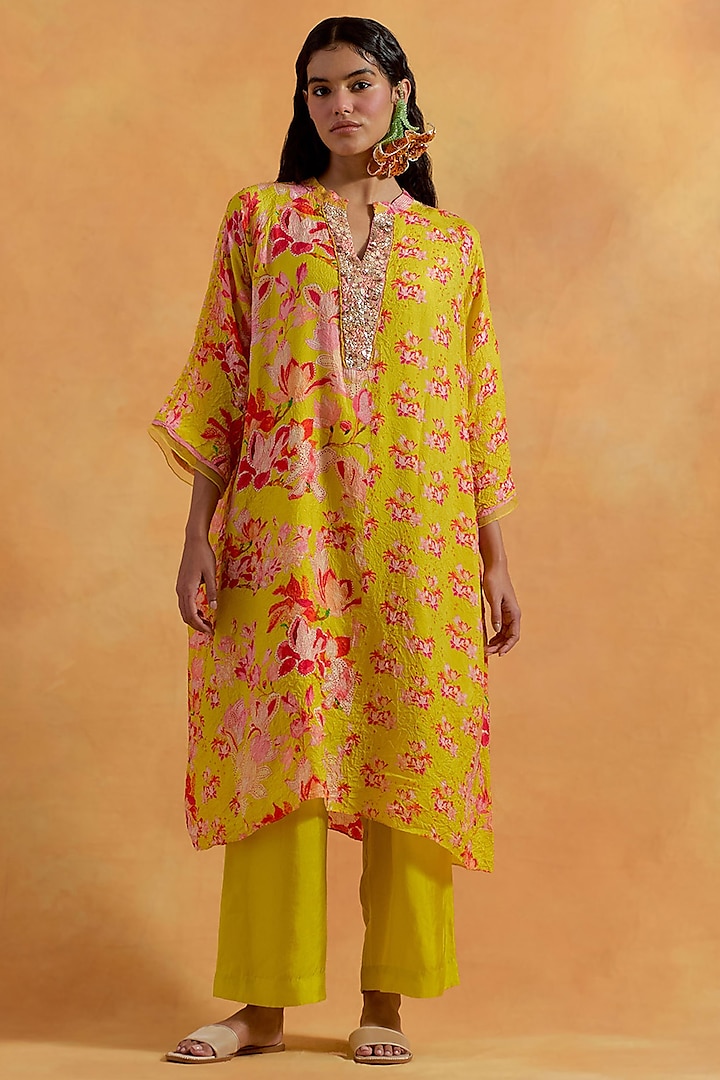 Mango Yellow Crushed Silk Printed & Embroidered Kurta Set by One not two