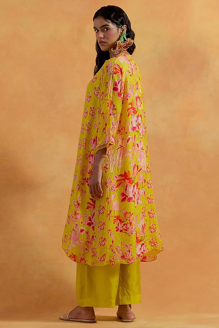 Mango Yellow Crushed Silk Printed & Embroidered Kurta Set by One not two at Pernia's Pop Up Shop
