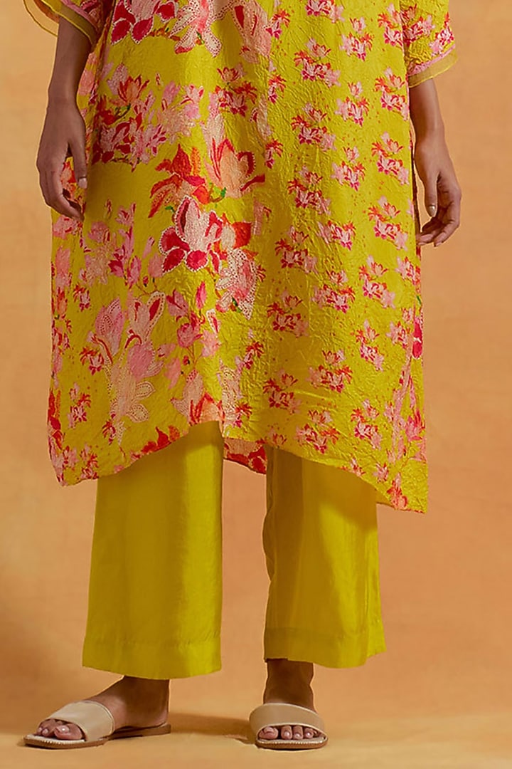 Mango Yellow Crushed Silk Printed & Embroidered Kurta Set by One not two at Pernia's Pop Up Shop