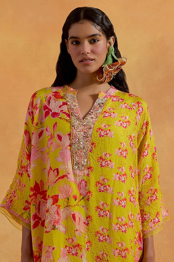 Mango Yellow Crushed Silk Printed & Embroidered Kurta Set by One not two at Pernia's Pop Up Shop