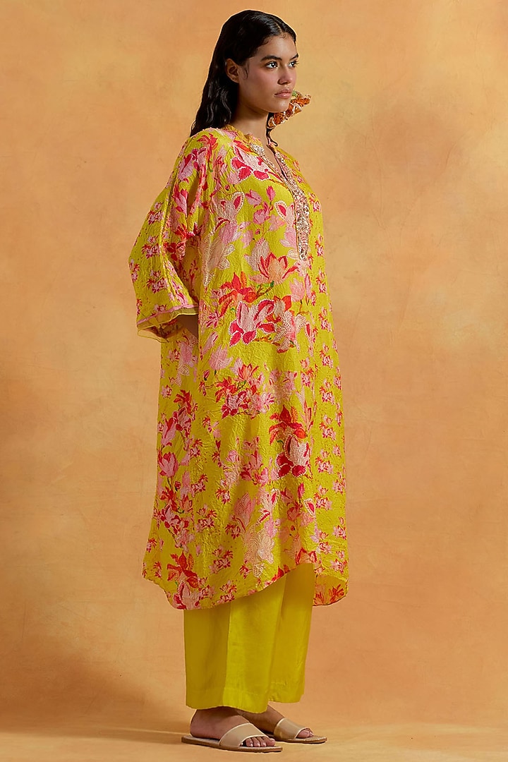 Mango Yellow Crushed Silk Printed & Embroidered Kurta Set by One not two at Pernia's Pop Up Shop
