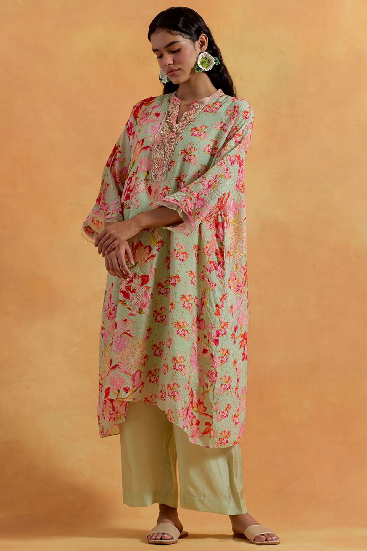 Mist Green Crushed Silk Printed & Embroidered Kurta Set by One not two at Pernia's Pop Up Shop