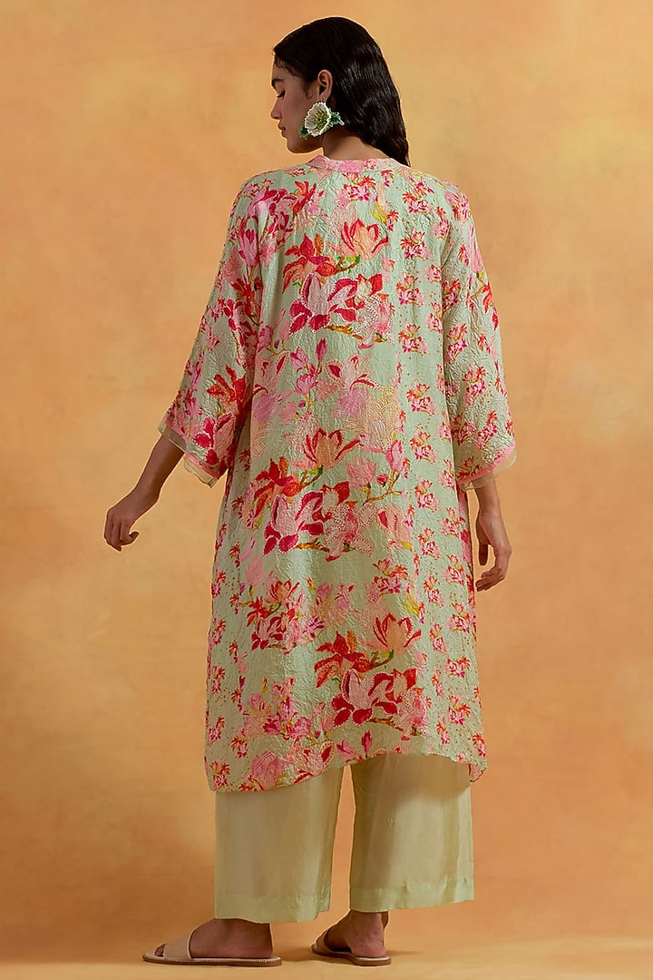 Mist Green Crushed Silk Printed & Embroidered Kurta Set by One not two at Pernia's Pop Up Shop