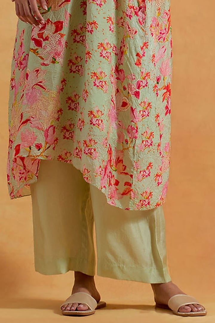 Mist Green Crushed Silk Printed & Embroidered Kurta Set by One not two at Pernia's Pop Up Shop