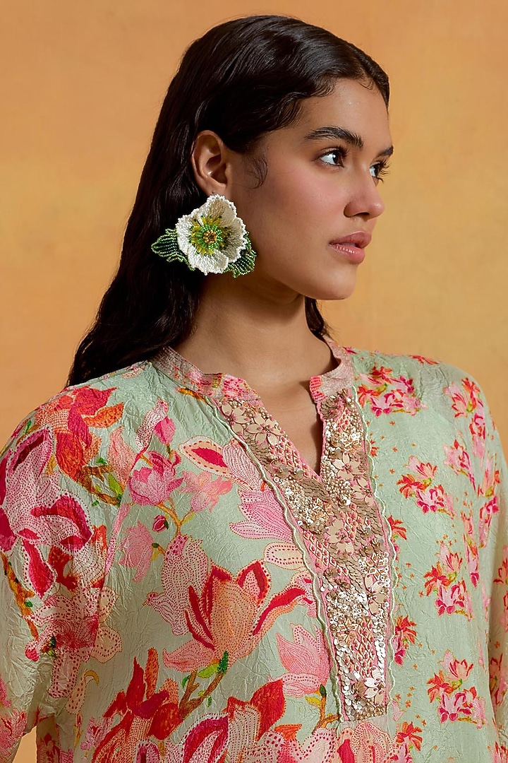 Mist Green Crushed Silk Printed & Embroidered Kurta Set by One not two at Pernia's Pop Up Shop