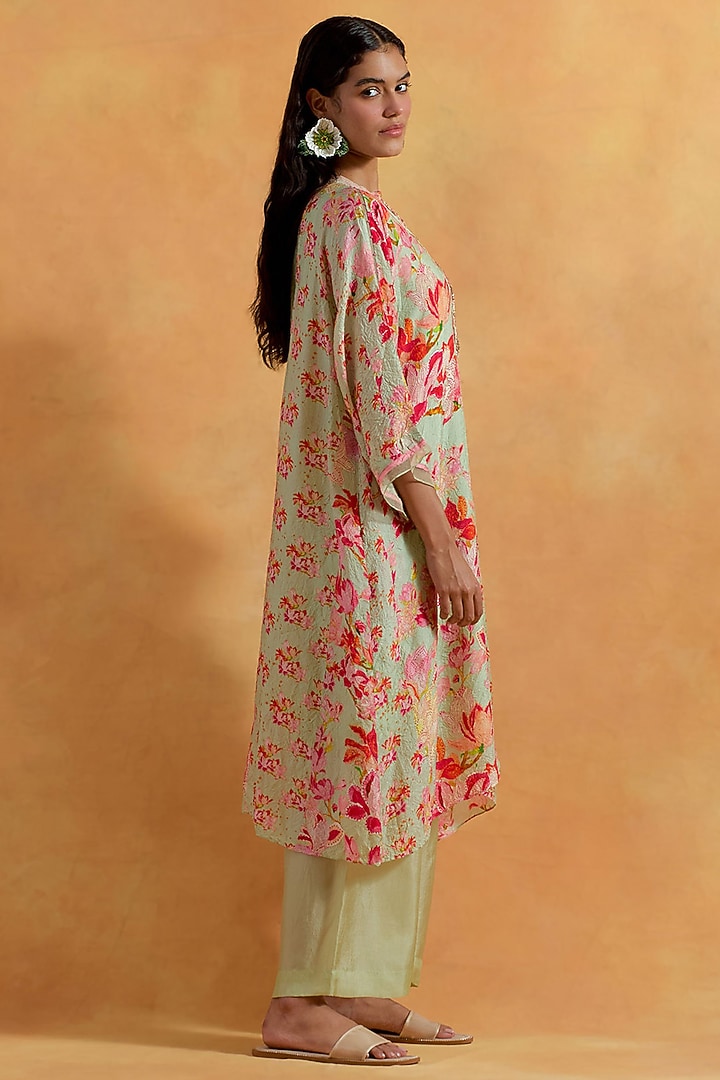 Mist Green Crushed Silk Printed & Embroidered Kurta Set by One not two at Pernia's Pop Up Shop