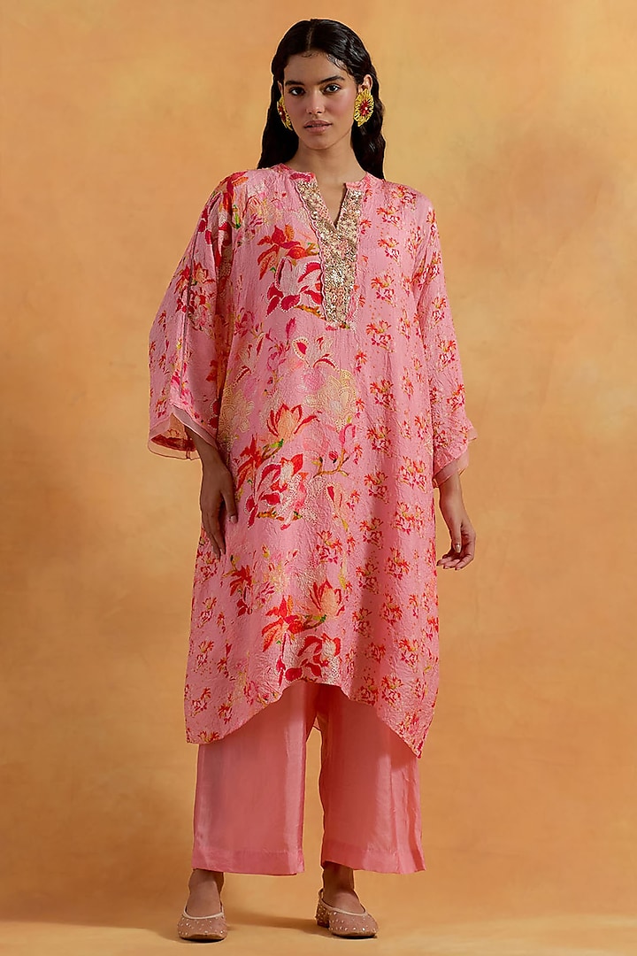 Peach Crushed Silk Printed & Embroidered Kurta Set by One not two at Pernia's Pop Up Shop