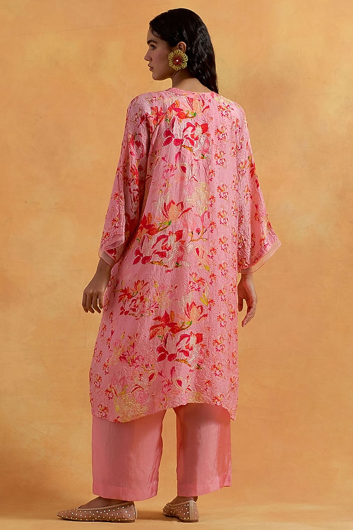 Peach Crushed Silk Printed & Embroidered Kurta Set by One not two at Pernia's Pop Up Shop