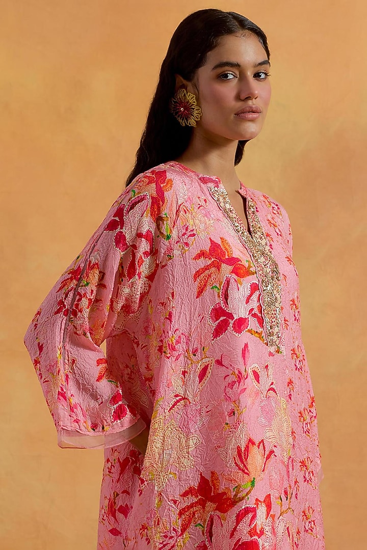 Peach Crushed Silk Printed & Embroidered Kurta Set by One not two at Pernia's Pop Up Shop