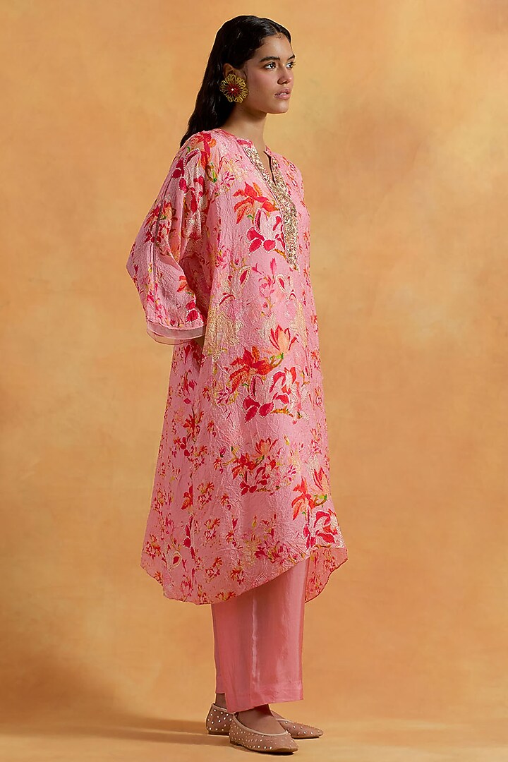 Peach Crushed Silk Printed & Embroidered Kurta Set by One not two at Pernia's Pop Up Shop