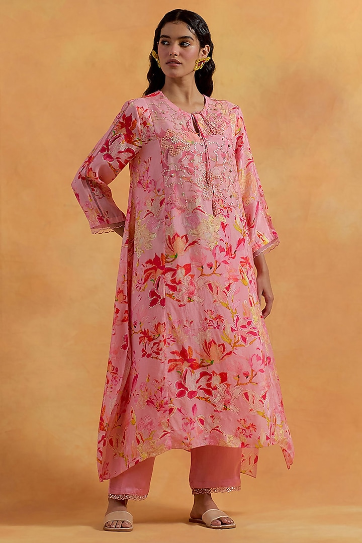 Peach Viscose Silk Sequins Embroidered Kurta Set by One not two at Pernia's Pop Up Shop