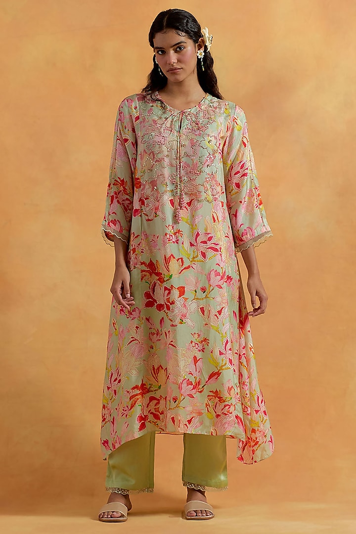 Mist Green Viscose Silk Sequins Embroidered Kurta Set by One not two at Pernia's Pop Up Shop