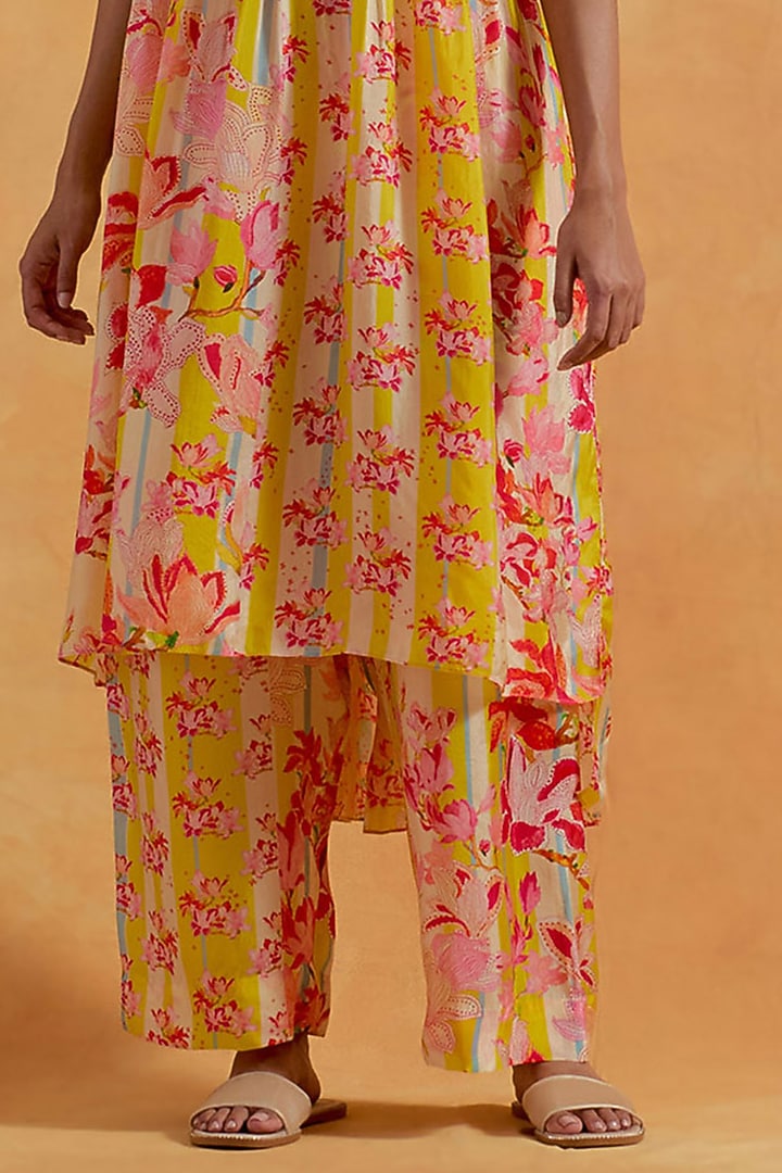 Ecru Viscose Silk Printed & Embroidered Tunic Set by One not two at Pernia's Pop Up Shop