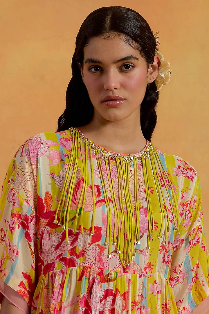 Ecru Viscose Silk Printed & Embroidered Tunic Set by One not two at Pernia's Pop Up Shop
