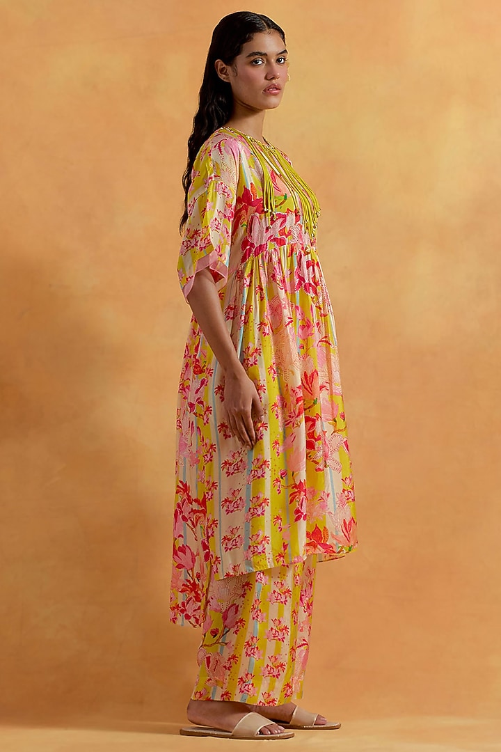 Ecru Viscose Silk Printed & Embroidered Tunic Set by One not two at Pernia's Pop Up Shop