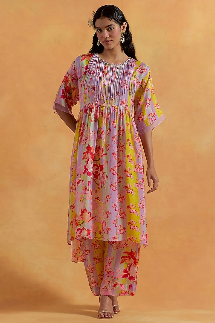 Lavender Viscose Silk Printed & Embroidered Tunic Set by One not two at Pernia's Pop Up Shop