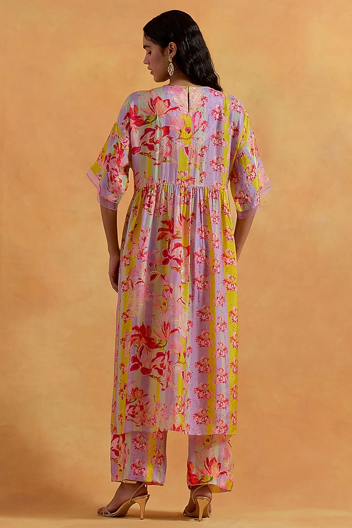 Lavender Viscose Silk Printed & Embroidered Tunic Set by One not two at Pernia's Pop Up Shop