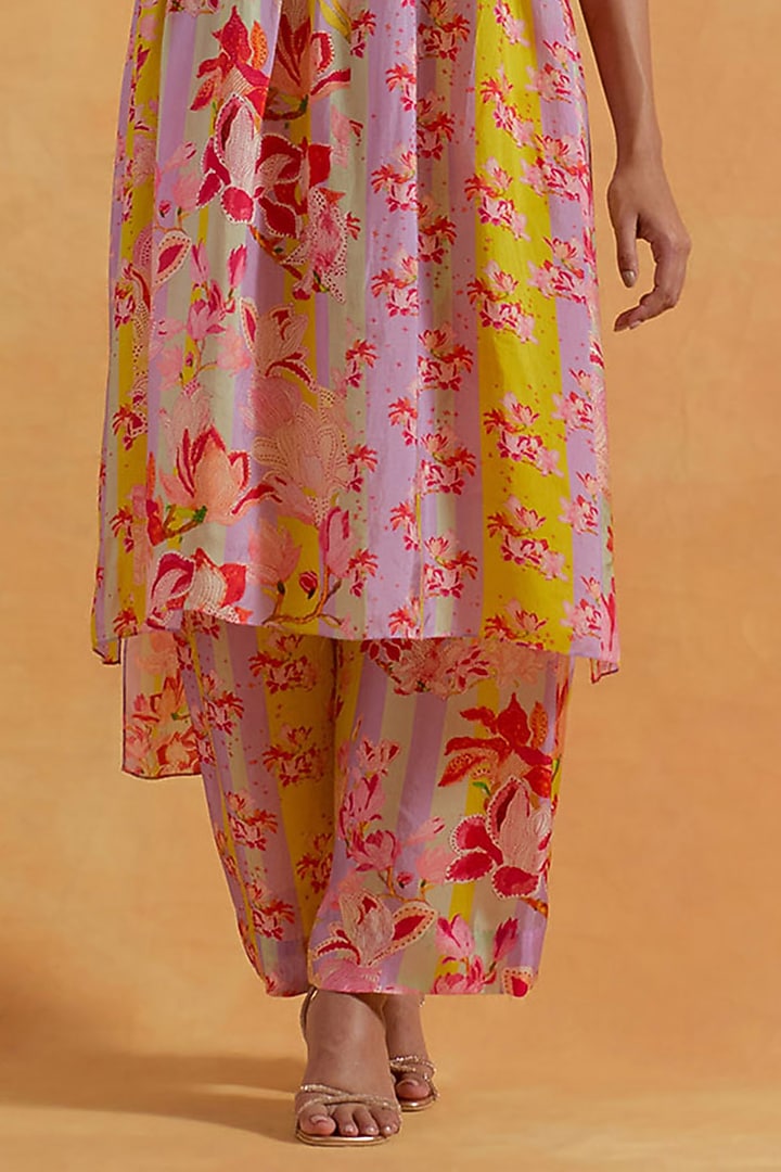 Lavender Viscose Silk Printed & Embroidered Tunic Set by One not two at Pernia's Pop Up Shop