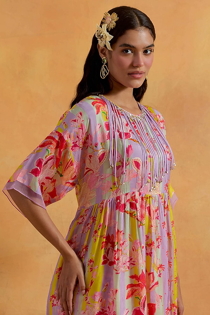 Lavender Viscose Silk Printed & Embroidered Tunic Set by One not two at Pernia's Pop Up Shop