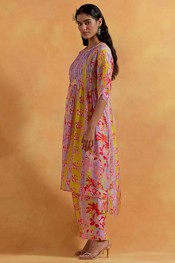 Lavender Viscose Silk Printed & Embroidered Tunic Set by One not two at Pernia's Pop Up Shop