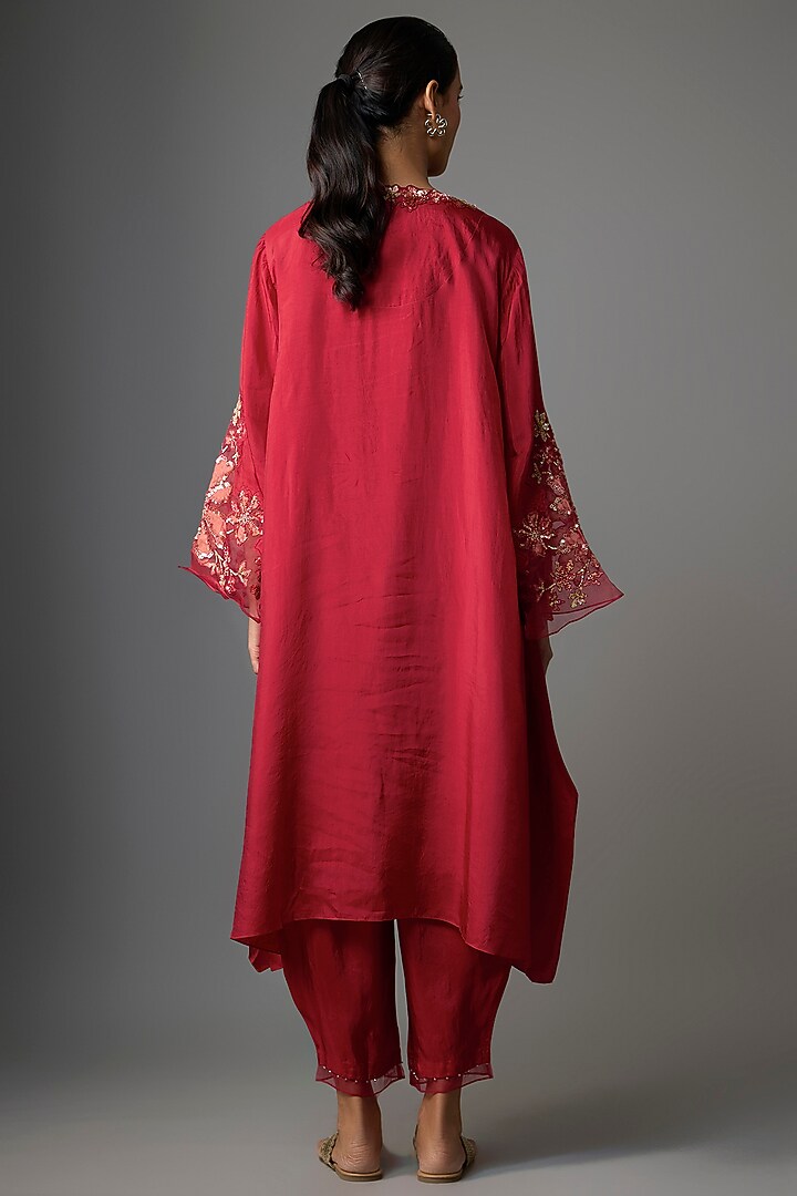 Ruby Silk & Organza Floral Applique Work Kurta Set by One not two at Pernia's Pop Up Shop