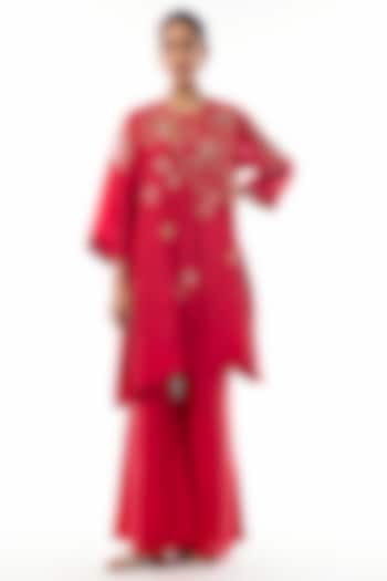 Ruby Silk Floral Hand Embroidered Kurta Set by One not two at Pernia's Pop Up Shop