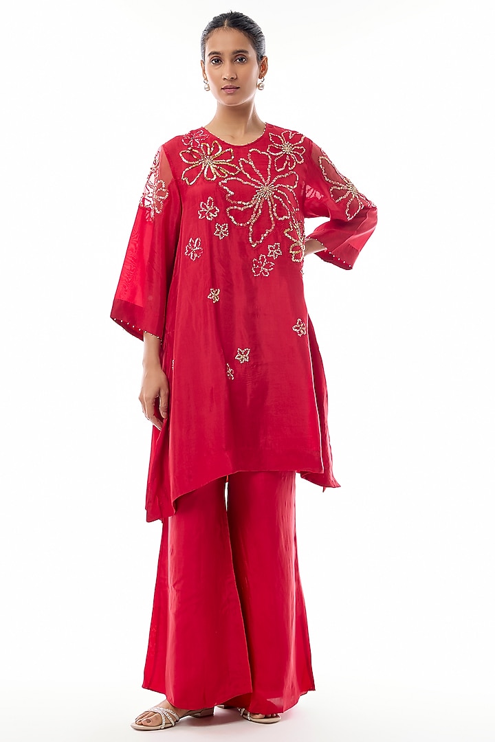 Ruby Silk Floral Hand Embroidered Kurta Set by One not two at Pernia's Pop Up Shop