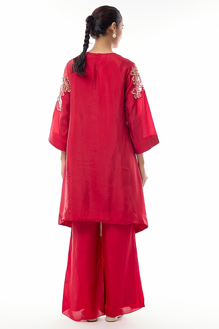 Ruby Silk Floral Hand Embroidered Kurta Set by One not two at Pernia's Pop Up Shop