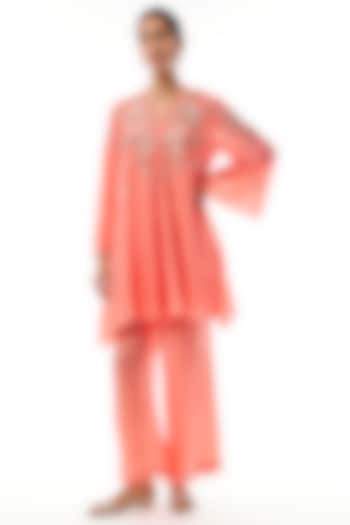 Coral Silk Floral Hand Embroidered Co-Ord Set by One not two at Pernia's Pop Up Shop