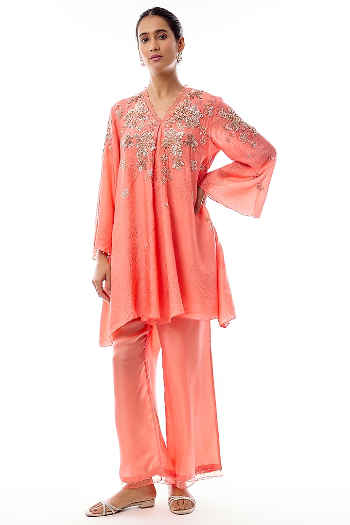 Coral Silk Floral Hand Embroidered Co-Ord Set by One not two at Pernia's Pop Up Shop