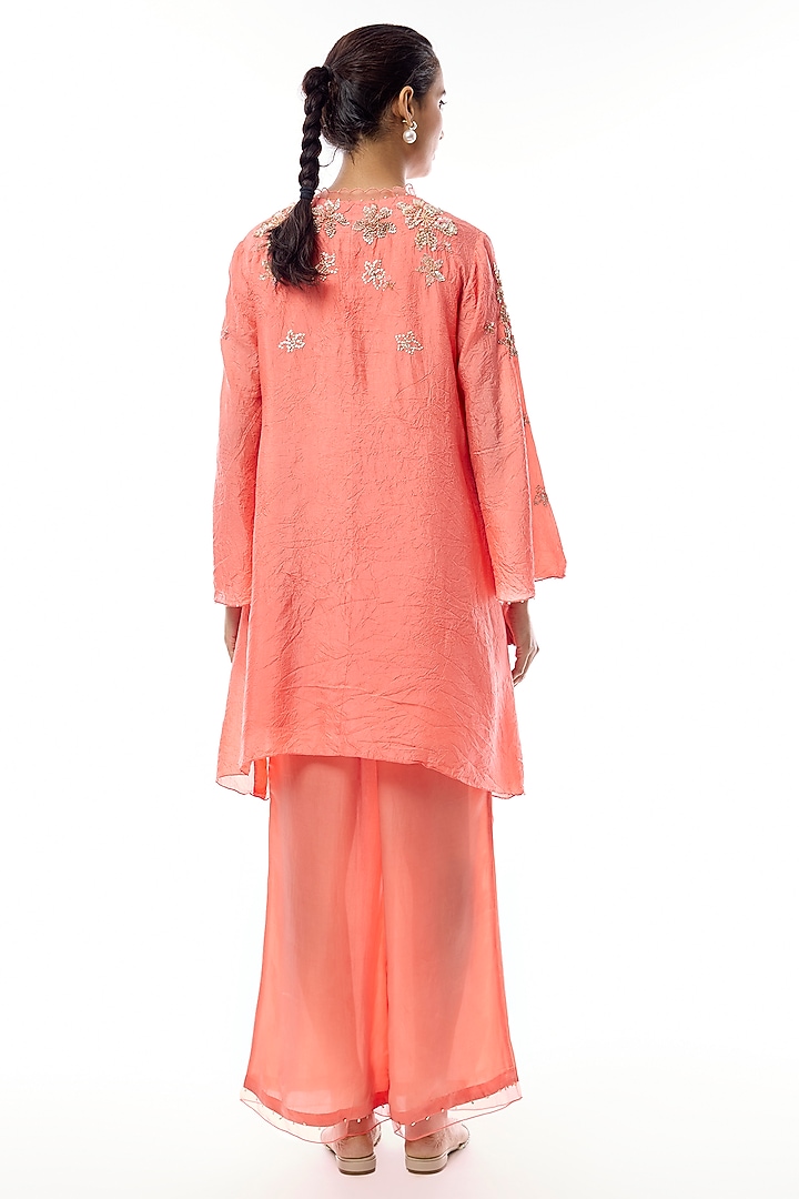 Coral Silk Floral Hand Embroidered Co-Ord Set by One not two at Pernia's Pop Up Shop