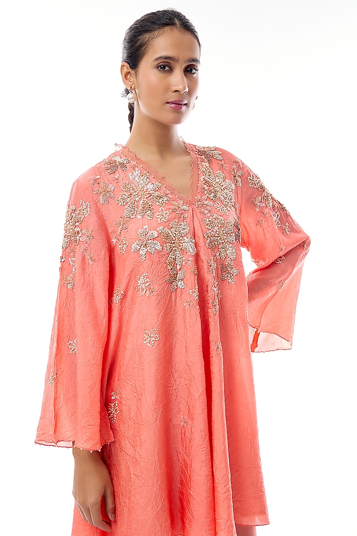 Coral Silk Floral Hand Embroidered Co-Ord Set by One not two at Pernia's Pop Up Shop
