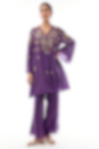 Violet Silk Floral Hand Embroidered Co-Ord Set by One not two at Pernia's Pop Up Shop