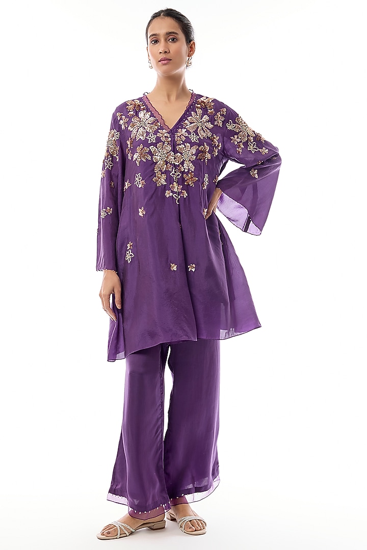 Violet Silk Floral Hand Embroidered Co-Ord Set by One not two at Pernia's Pop Up Shop
