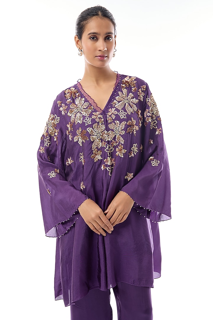 Violet Silk Floral Hand Embroidered Co-Ord Set by One not two at Pernia's Pop Up Shop